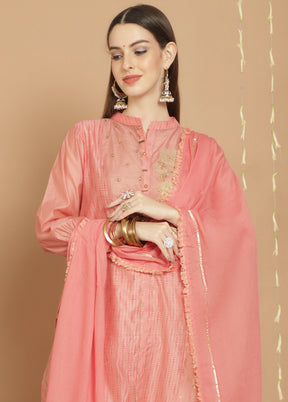 3 Pc Peach Unstitched Silk Suit Set - Indian Silk House Agencies