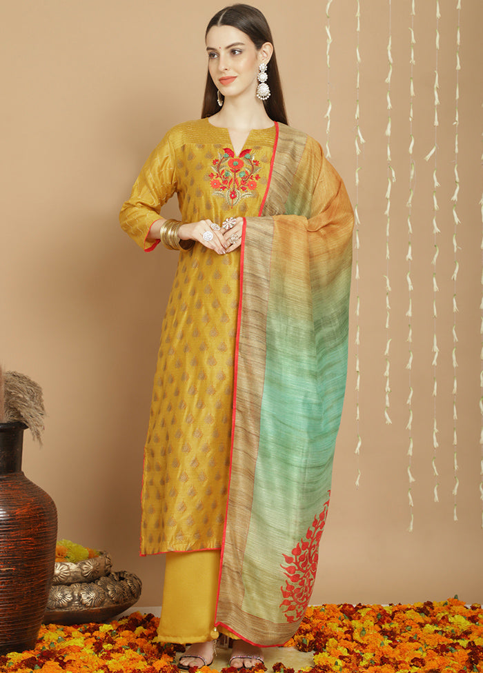 3 Pc Yellow Unstitched Silk Suit Set - Indian Silk House Agencies