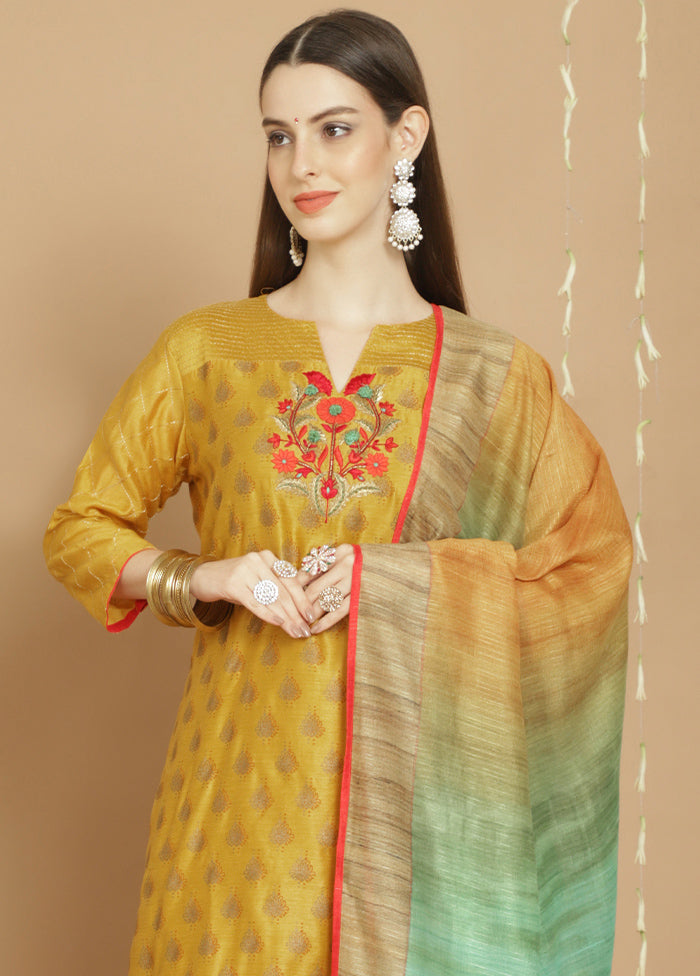 3 Pc Yellow Unstitched Silk Suit Set - Indian Silk House Agencies