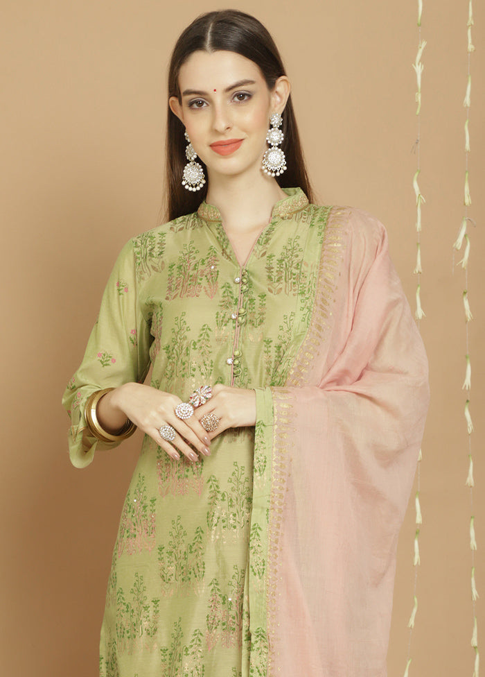 3 Pc Green Unstitched Silk Suit Set - Indian Silk House Agencies