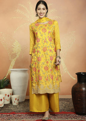 3 Pc Yellow Unstitched Pure Santoon Suit Set - Indian Silk House Agencies