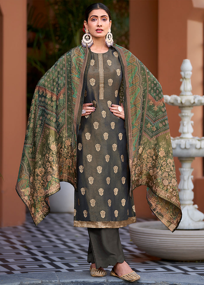 3 Pc Green Unstitched Silk Suit Set - Indian Silk House Agencies