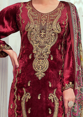 3 Pc Maroon Unstitched Pashmina Suit Set - Indian Silk House Agencies