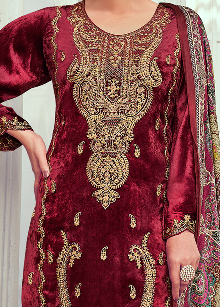3 Pc Maroon Unstitched Pashmina Suit Set - Indian Silk House Agencies
