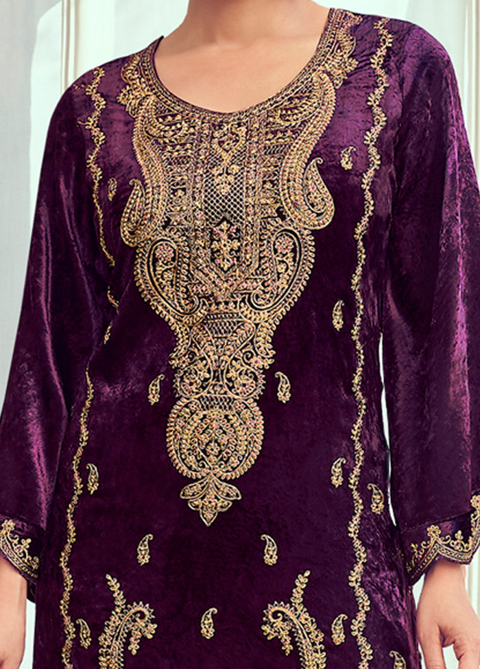 3 Pc Purple Unstitched Pashmina Suit Set - Indian Silk House Agencies