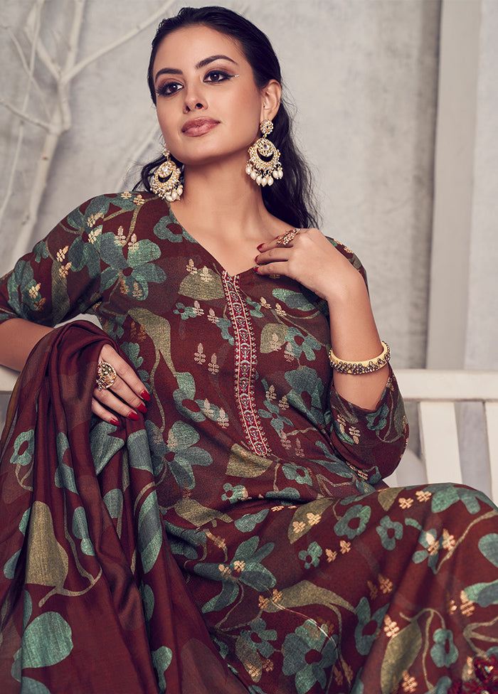 3 Pc Maroon Unstitched Pure Pashmina Suit Set - Indian Silk House Agencies