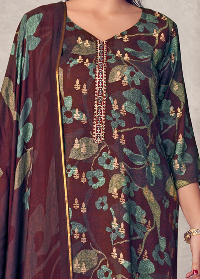 3 Pc Maroon Unstitched Pure Pashmina Suit Set - Indian Silk House Agencies