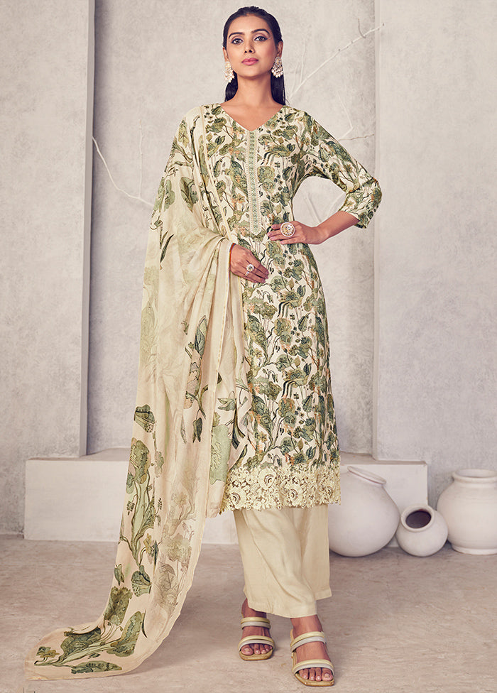 3 Pc Cream Unstitched Pure Pashmina Suit Set - Indian Silk House Agencies