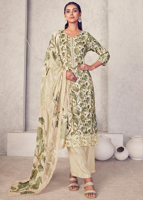 3 Pc Cream Unstitched Pure Pashmina Suit Set - Indian Silk House Agencies