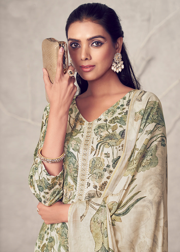 3 Pc Cream Unstitched Pure Pashmina Suit Set - Indian Silk House Agencies