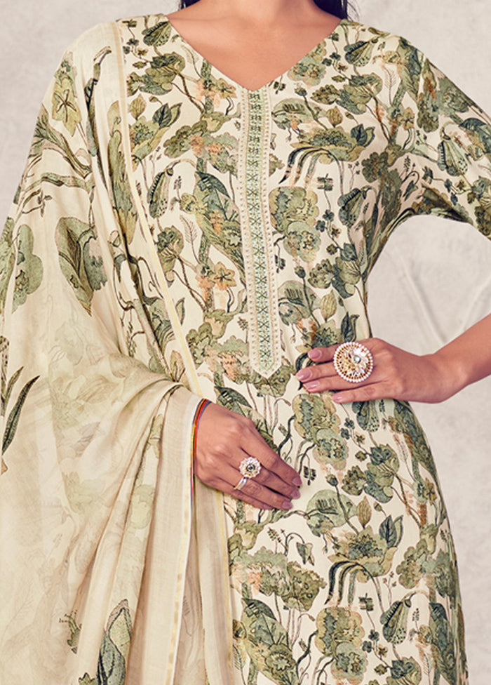 3 Pc Cream Unstitched Pure Pashmina Suit Set - Indian Silk House Agencies