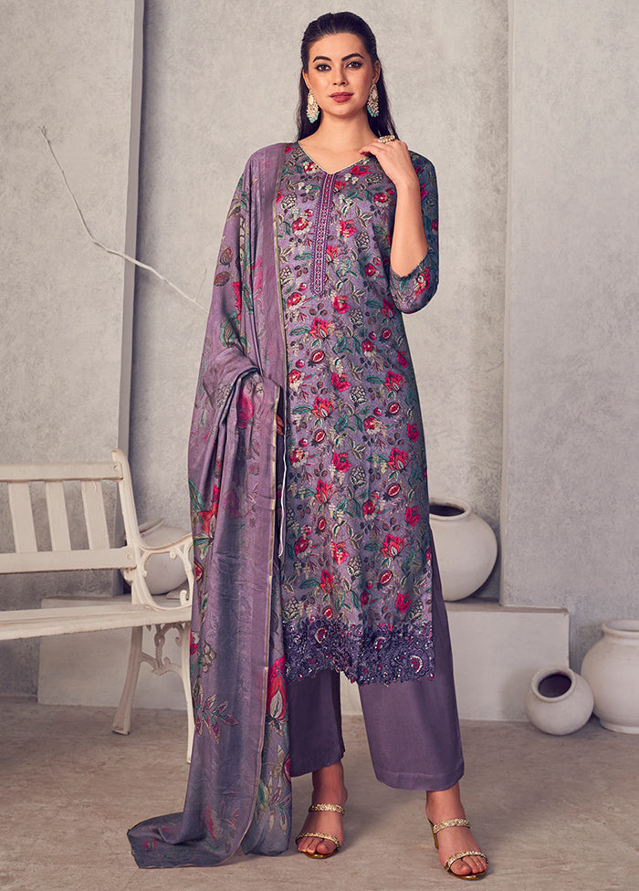 3 Pc Purple Unstitched Pure Pashmina Suit Set - Indian Silk House Agencies