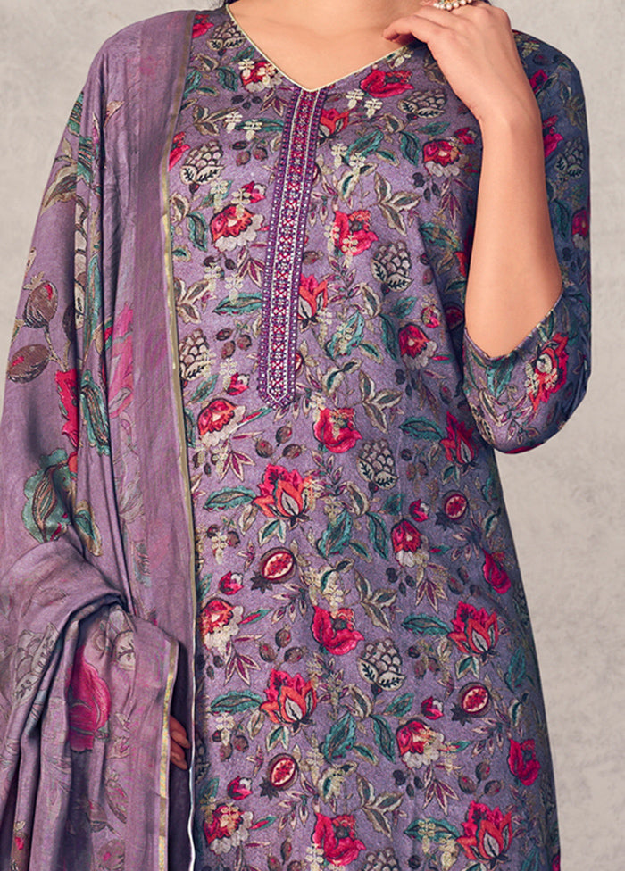 3 Pc Purple Unstitched Pure Pashmina Suit Set - Indian Silk House Agencies