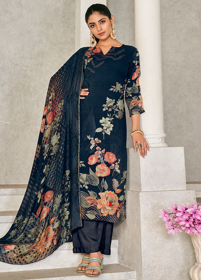 3 Pc Blue Unstitched Pashmina Suit Set - Indian Silk House Agencies