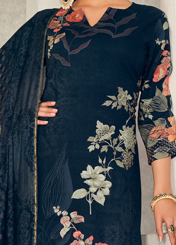 3 Pc Blue Unstitched Pashmina Suit Set - Indian Silk House Agencies