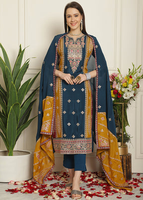 3 Pc Blue Unstitched Muslin Suit Set - Indian Silk House Agencies