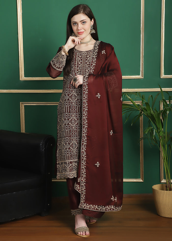 3 Pc Maroon Unstitched Santoon Suit Set - Indian Silk House Agencies