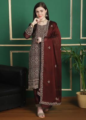 3 Pc Maroon Unstitched Santoon Suit Set - Indian Silk House Agencies