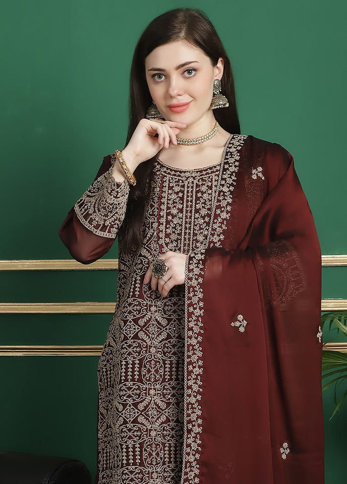 3 Pc Maroon Unstitched Santoon Suit Set - Indian Silk House Agencies