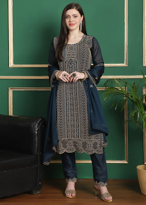 3 Pc Blue Unstitched Santoon Suit Set - Indian Silk House Agencies