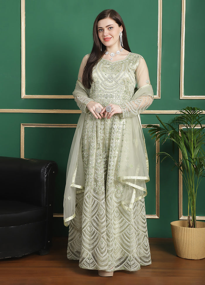 3 Pc Green Semi Stitched Silk Suit Set - Indian Silk House Agencies