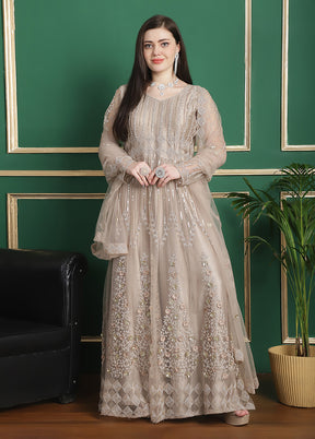 3 Pc Cream Semi Stitched Silk Suit Set - Indian Silk House Agencies