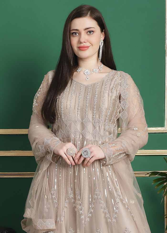 3 Pc Cream Semi Stitched Silk Suit Set - Indian Silk House Agencies