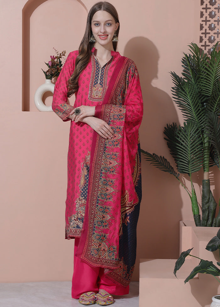 3 Pc Magenta Semi Stitched Silk Suit Set - Indian Silk House Agencies