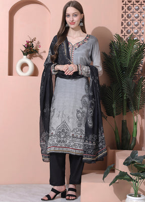 3 Pc Grey Semi Stitched Silk Suit Set - Indian Silk House Agencies