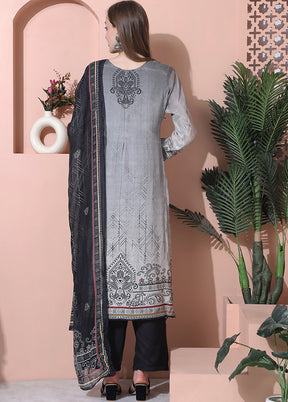 3 Pc Grey Semi Stitched Silk Suit Set - Indian Silk House Agencies