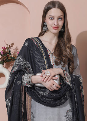3 Pc Grey Semi Stitched Silk Suit Set - Indian Silk House Agencies
