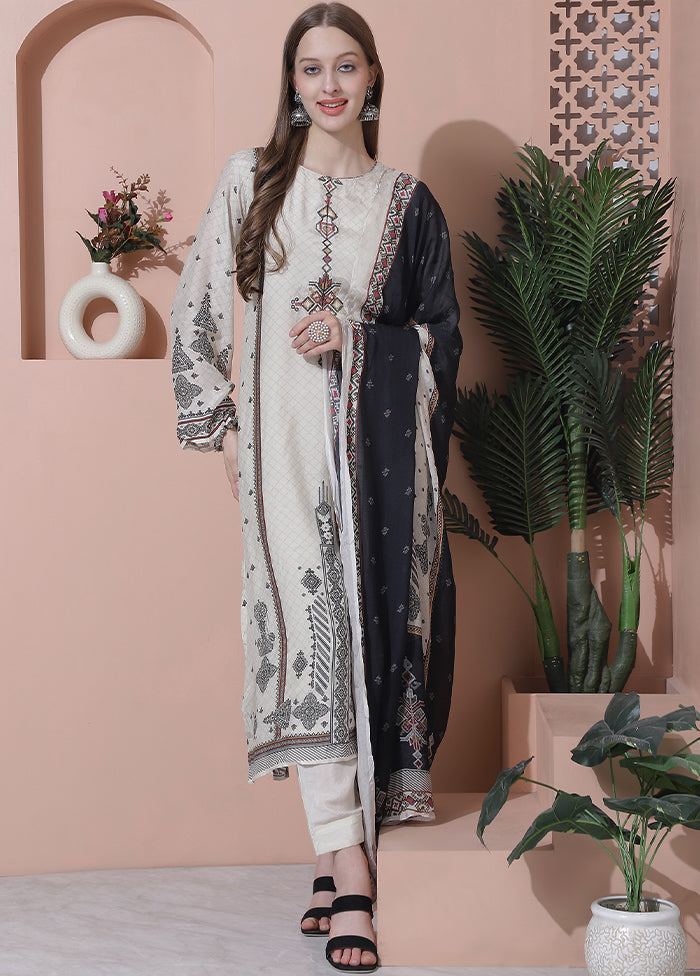 3 Pc Off White Semi Stitched Silk Suit Set - Indian Silk House Agencies