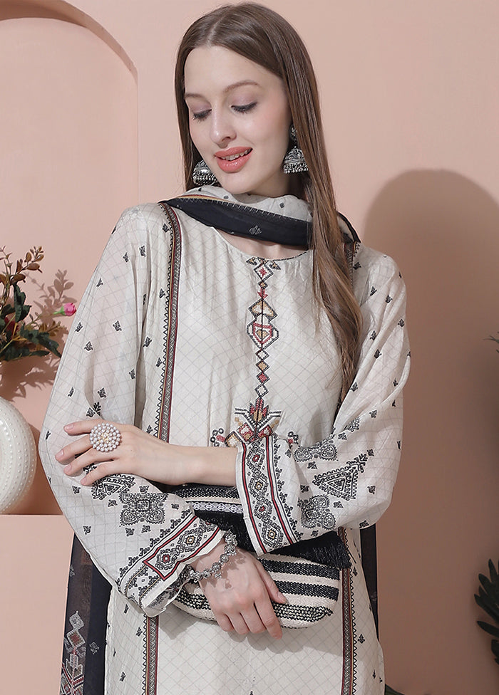 3 Pc Off White Semi Stitched Silk Suit Set - Indian Silk House Agencies