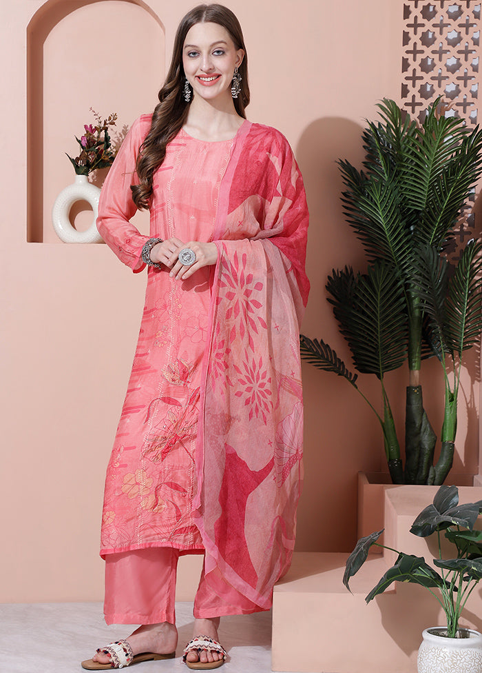 3 Pc Pink Unstitched Rayon Suit Set - Indian Silk House Agencies