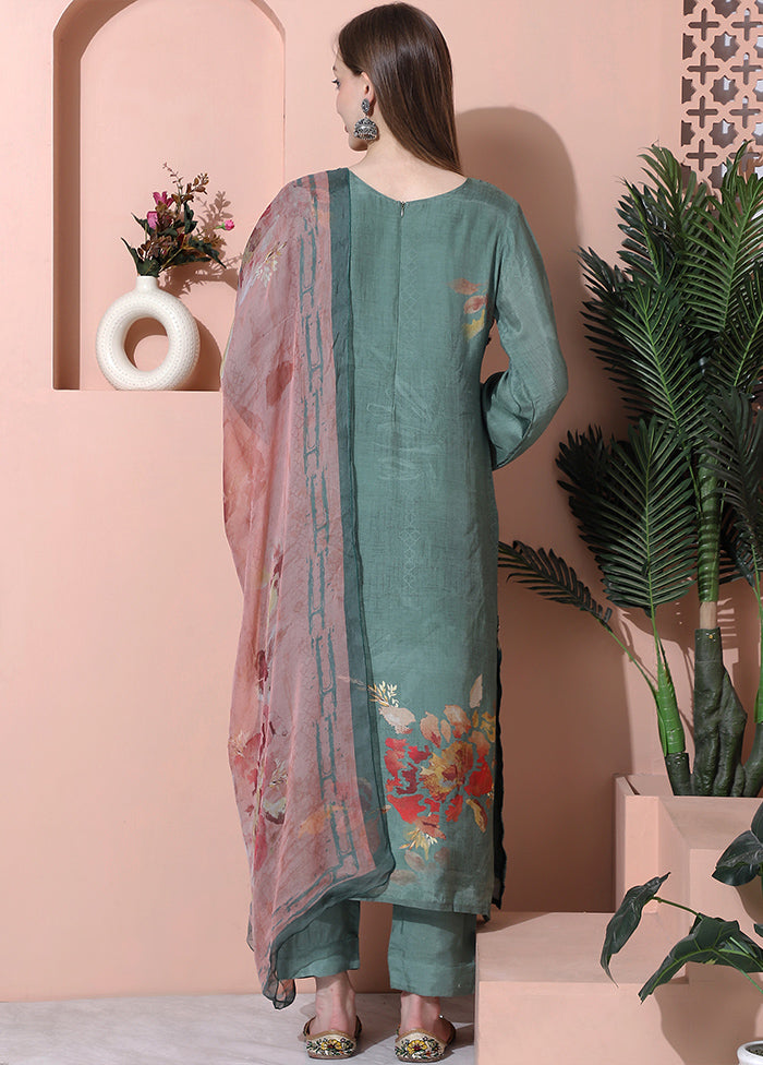 3 Pc Olive Green Semi Stitched Silk Suit Set - Indian Silk House Agencies
