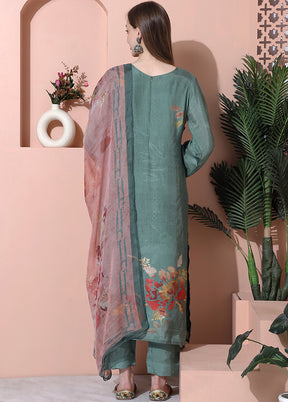 3 Pc Olive Green Semi Stitched Silk Suit Set - Indian Silk House Agencies