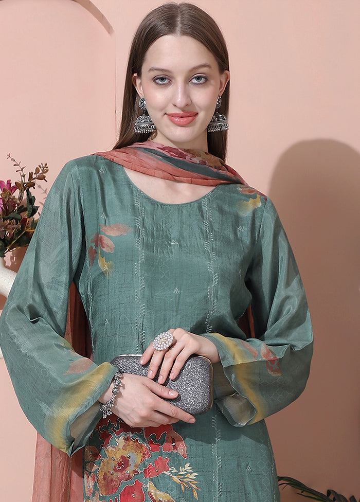 3 Pc Olive Green Semi Stitched Silk Suit Set - Indian Silk House Agencies
