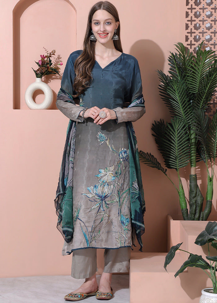 3 Pc Multicolor Semi Stitched Silk Suit Set - Indian Silk House Agencies