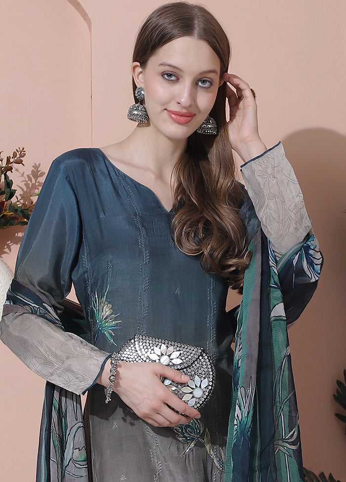 3 Pc Multicolor Semi Stitched Silk Suit Set - Indian Silk House Agencies