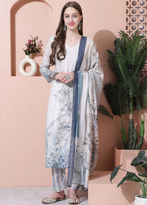 3 Pc Cream Unstitched Cotton Suit Set - Indian Silk House Agencies