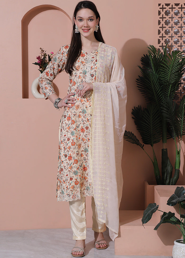 3 Pc Cream Unstitched Cotton Suit Set - Indian Silk House Agencies