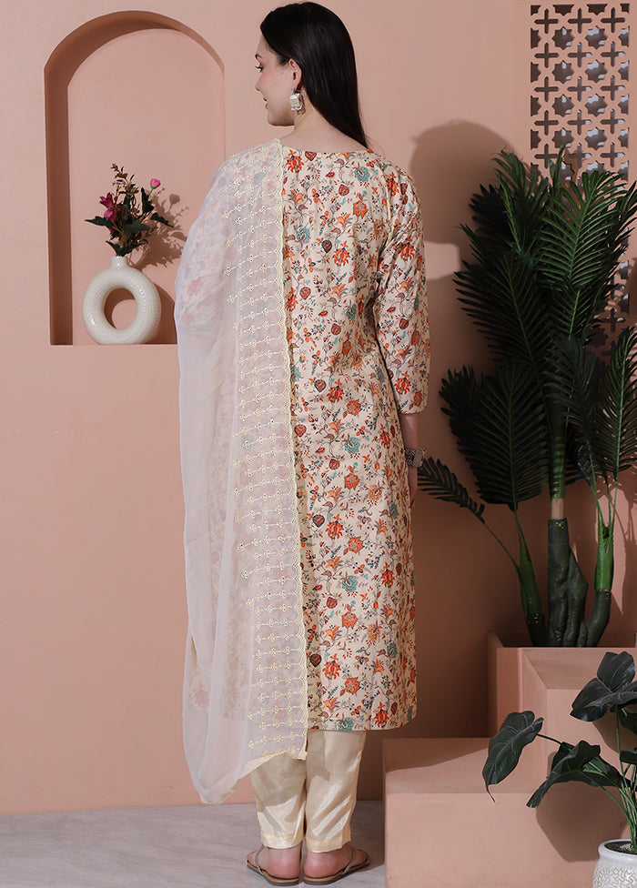 3 Pc Cream Unstitched Cotton Suit Set - Indian Silk House Agencies