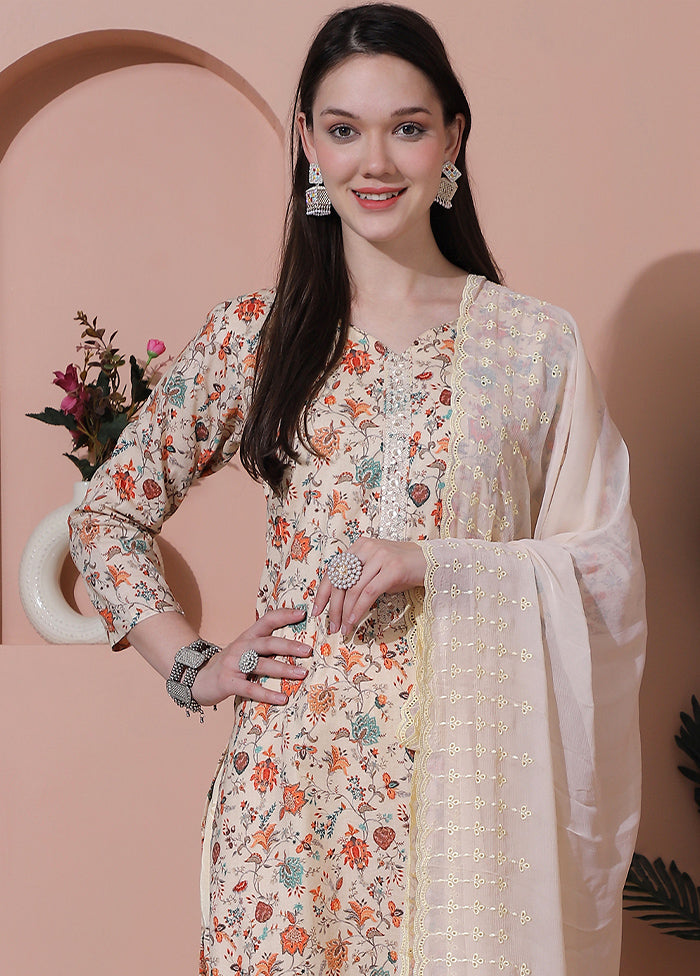 3 Pc Cream Unstitched Cotton Suit Set - Indian Silk House Agencies