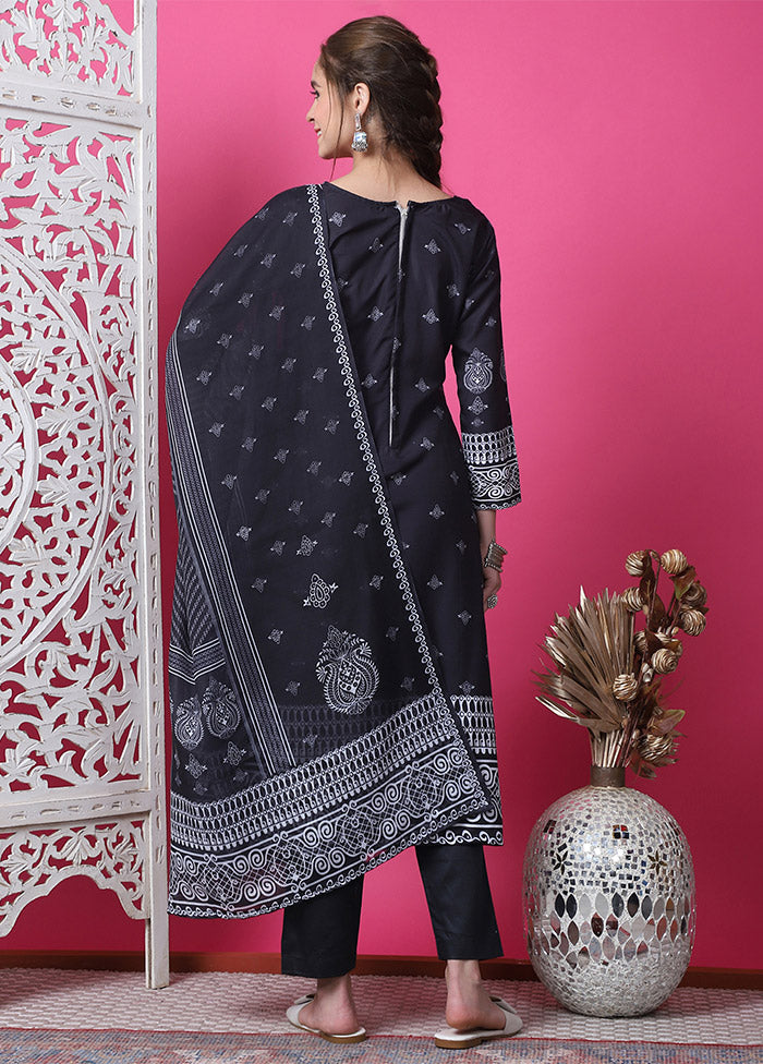3 Pc Black Unstitched Cotton Suit Set
