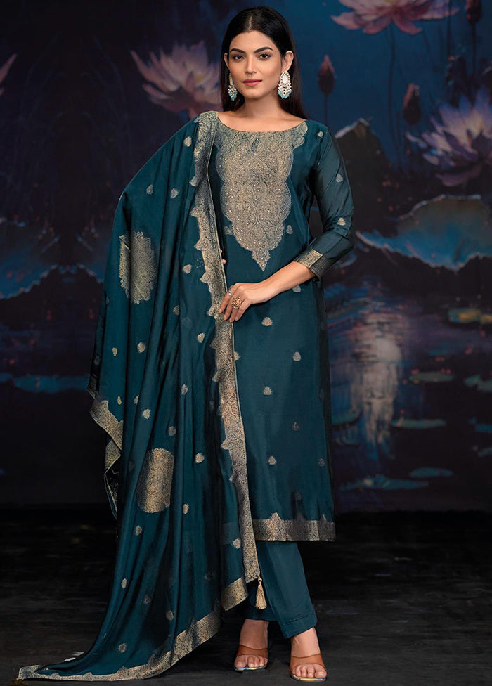 3 Pc Teal Pure Semi Stitched Silk Dupatta Suit Set