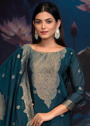 3 Pc Teal Pure Semi Stitched Silk Dupatta Suit Set