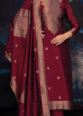 3 Pc Maroon Pure Semi Stitched Silk Dupatta Suit Set