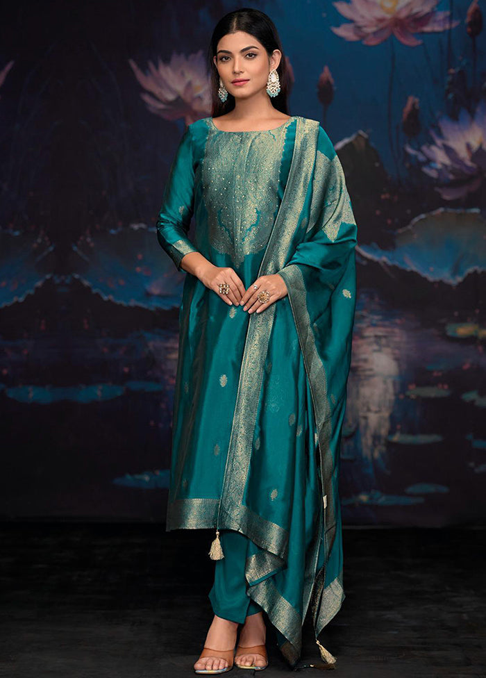3 Pc Turquoise Pure Semi Stitched Silk Dupatta Suit Set
