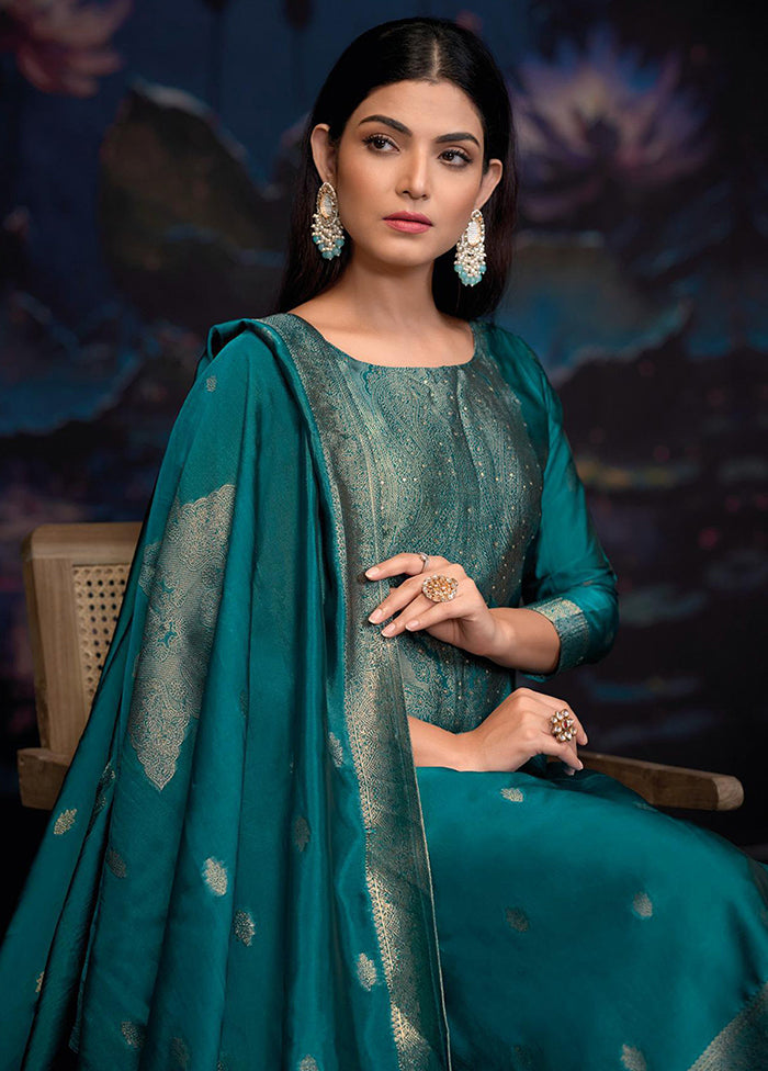 3 Pc Turquoise Pure Semi Stitched Silk Dupatta Suit Set