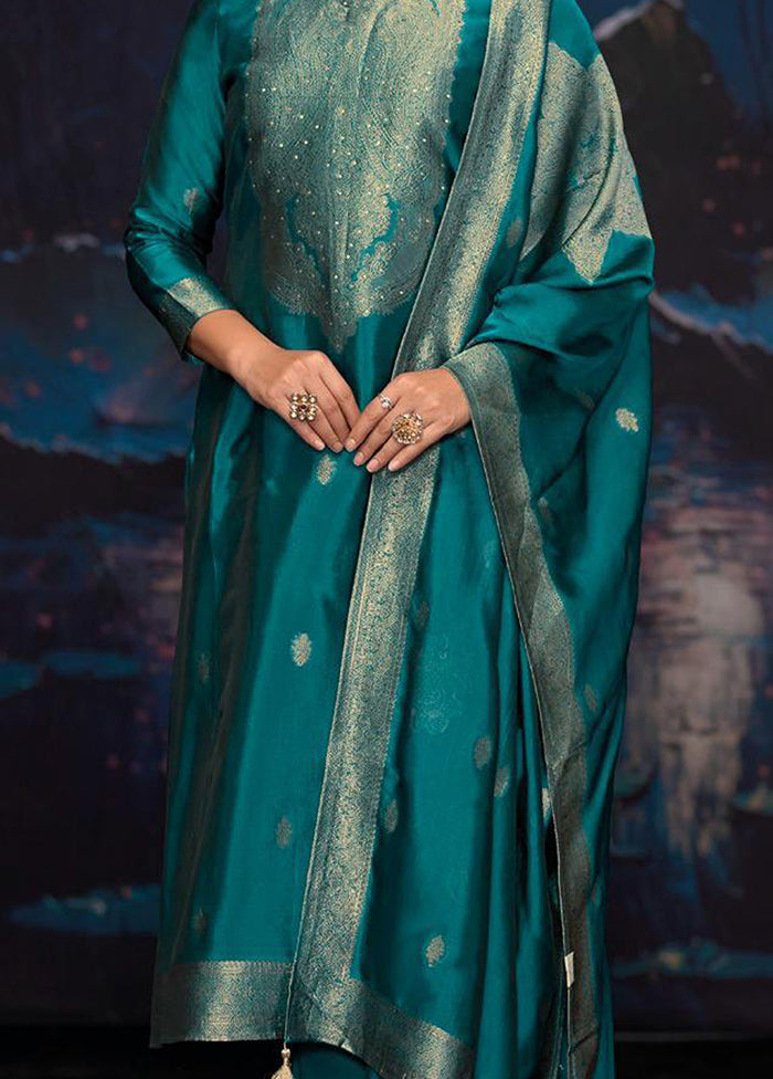 3 Pc Turquoise Pure Semi Stitched Silk Dupatta Suit Set